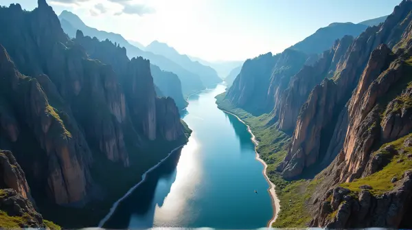 Wide Waterway Beside Rocky Peaks Under Bright Sky