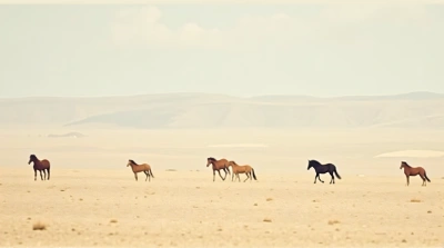 Wild Horses Across Open Beige Landscape Panorama