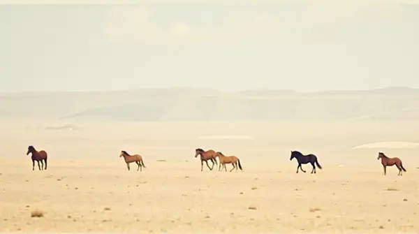 Wild Horses Across Open Beige Landscape Panorama