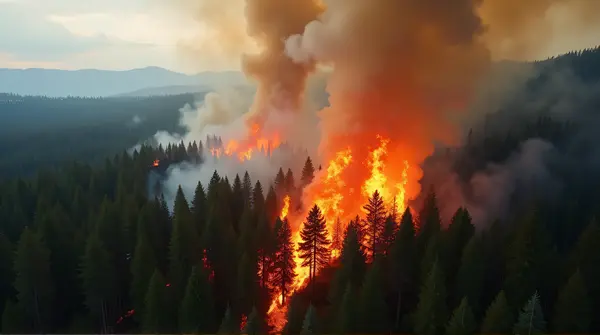 High-angle view of wildfire flames rapidly spreading among tall forest trees with thick smoke rising in daylight