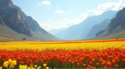 Wildflower Meadow Beneath Rocky Peaks At Daylight