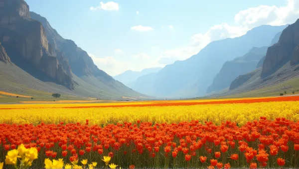 Wildflower Meadow Beneath Rocky Peaks At Daylight