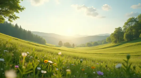 A gently sloping meadow filled with wildflowers and distant trees under bright daylight from a low angle.
