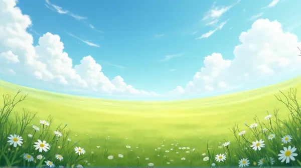 Low angle view of a wildflower meadow extending far with white clouds in a blue sky