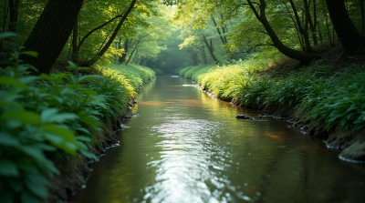 Winding Creek With Lush Greenery And Light Play