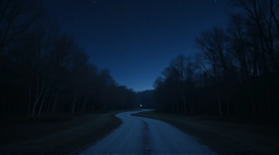 Winding Gray Path Through Silhouetted Trees At Dusk