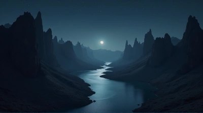 Winding River Between Rocky Cliffs Under Dark Sky