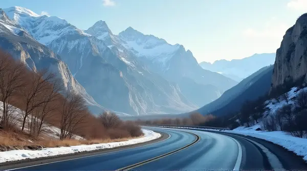 Winding Slate Highway Through Frosted Peaks