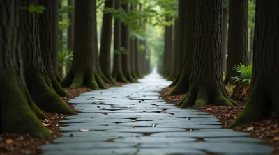 Winding Slate Pathway Surrounded By Tall Trees