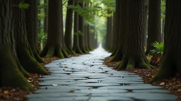 Winding Slate Pathway Surrounded By Tall Trees