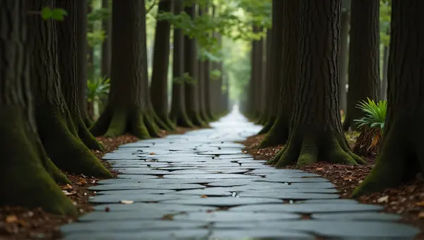 Winding Slate Pathway Surrounded By Tall Trees