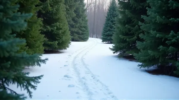 A winding snow-covered path stretches between tall evergreen trees with soft light filtering through branches