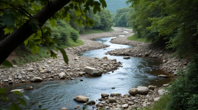 Winding Stream Among Rocky Terrain With Foliage