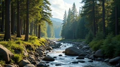 Winding Stream Among Woodland Boulders And Trees