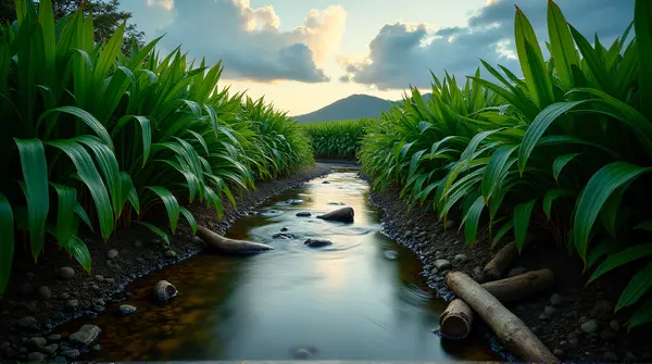 Winding Stream With Leafy Plants And Logs