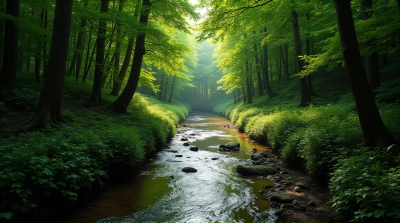 Winding Stream In Lush Forest With Sunlight Contrast