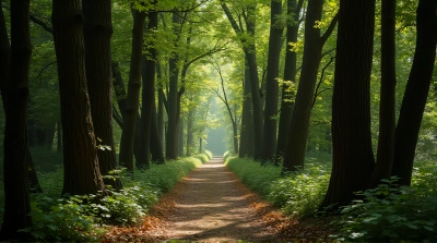 Winding Trail Amid Dense Tree Trunks And Leaves