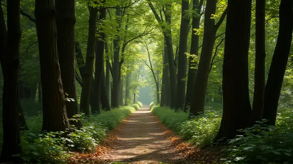 A narrow trail curves between dense tree trunks with dappled sunlight on leafy ground and underbrush.