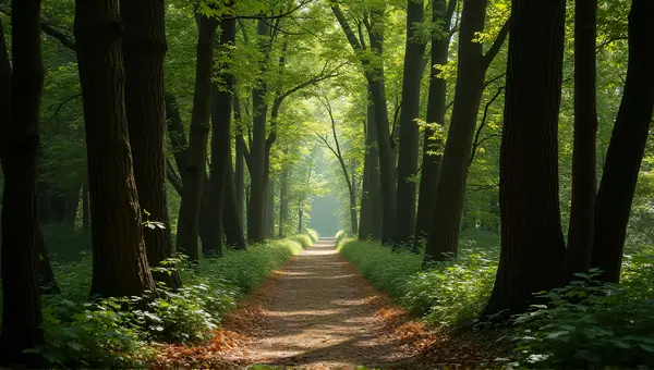 Winding Trail Amid Dense Tree Trunks And Leaves