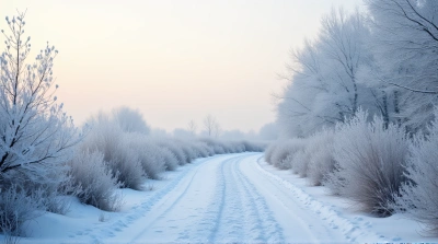 Winding Trail Amid Frosted Branches Under Pale Sky