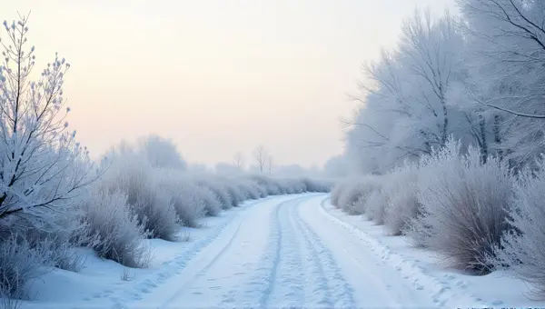 Winding Trail Amid Frosted Branches Under Pale Sky