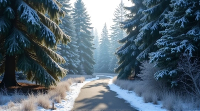 Winding Trail With Frosted Evergreen Trees
