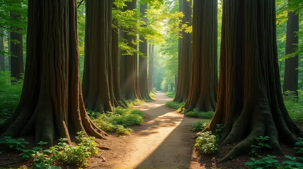 Winding Trail With Towering Tree Trunks And Sunlight