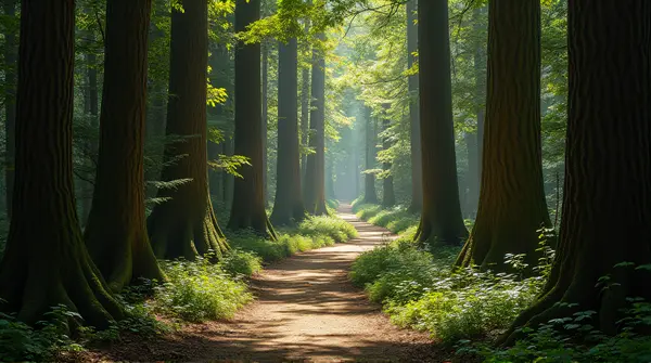 Winding Woodland Trail With Sunlight Rays