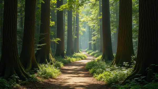 Winding Woodland Trail With Sunlight Rays