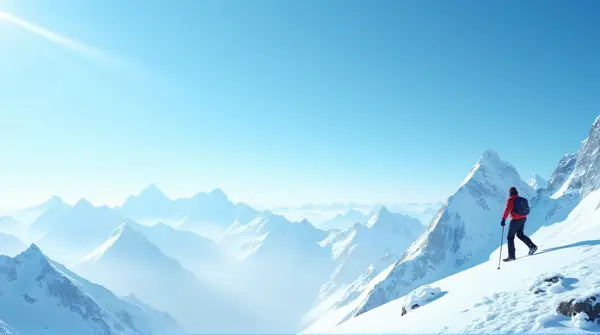 Winter Climber On Icy Alpine Slope Under Blue Sky