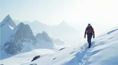 Winter Trekker On Frosty Alpine Slope With Rocky Peaks