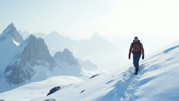 Winter Trekker On Frosty Alpine Slope With Rocky Peaks