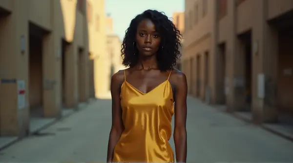 A female figure in a bright gold top stands centered with soft shadows in an urban setting.