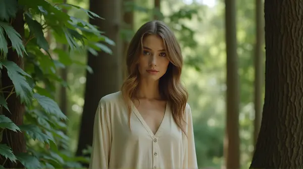 Woman wearing a light dress stands beside green plants and tall tree trunks with soft filtered light.