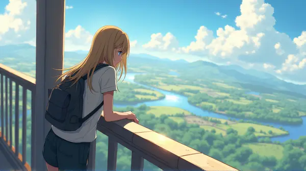 Woman Observing Landscape Under Sunlight Shadows