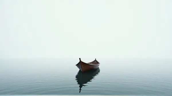 Wooden Boat On Expansive Lake With Clear Sky