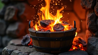 Wooden Bucket Catching Flickering Embers Closeup