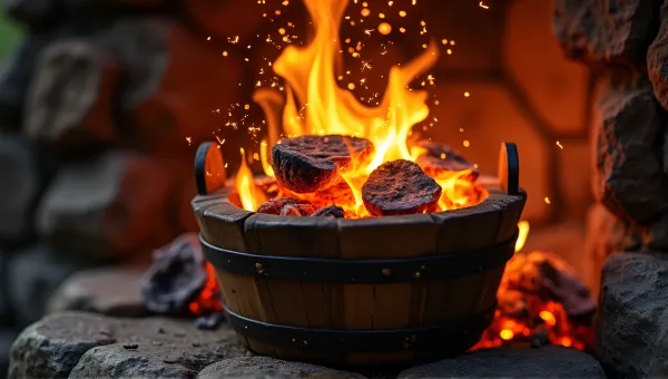 Wooden Bucket Catching Flickering Embers Closeup