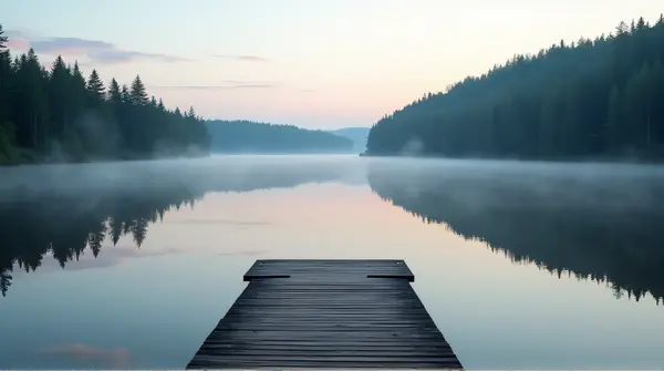 Wooden Dock Extending Over Calm Water Surrounded By Evergreen Forest