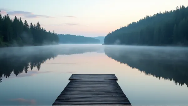 Wooden Dock Extending Over Calm Water Surrounded By Evergreen Forest