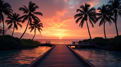 Wooden Dock Over Water At Colorful Dusk