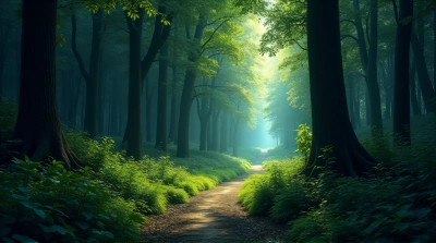 Woodland Path Through Lush Foliage With Celestial Light