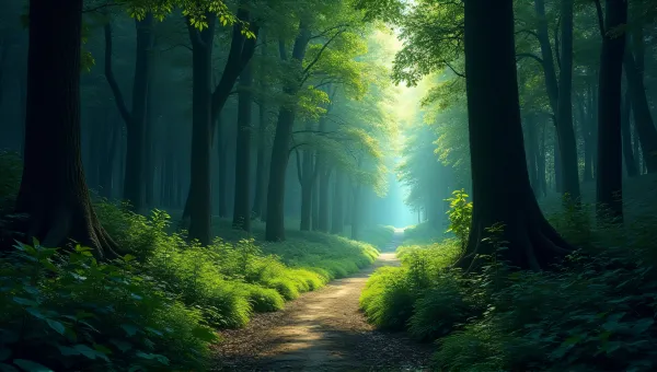 Woodland Path Through Lush Foliage With Celestial Light