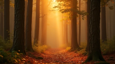 Woodland Scene With Warm Amber Light And Leaves