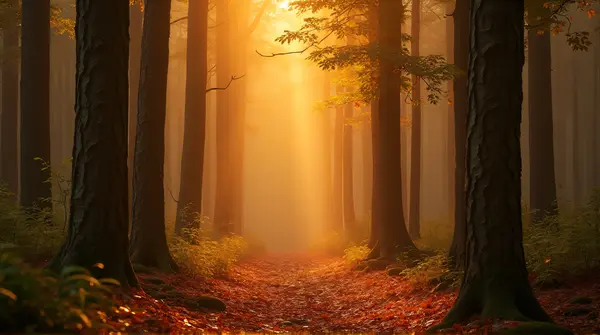 Woodland with amber light filtering through tall trunks highlighting fallen leaves and textured bark