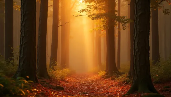 Woodland Scene With Warm Amber Light And Leaves