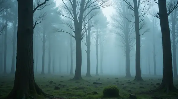 Low angle view of numerous tree trunks enveloped in swirling vapor creating layered depth.