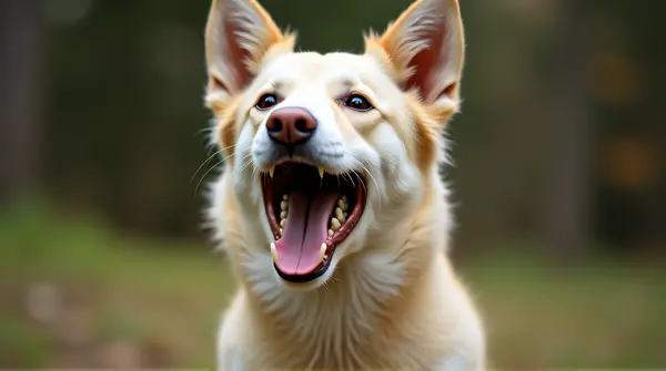 Light-colored dog yawning with teeth visible and head tilted back against a soft natural backdrop