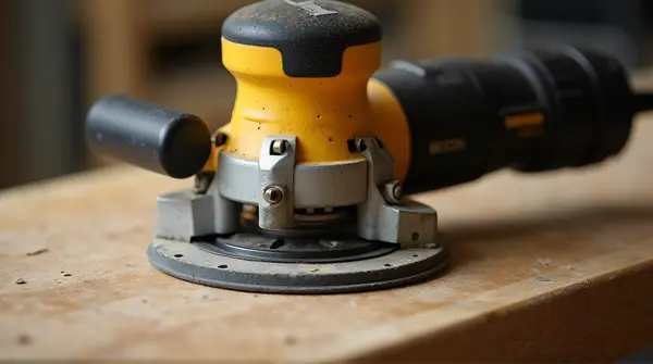 Close-up of yellow and black power tool on textured workbench highlighting ergonomic design under focused light.