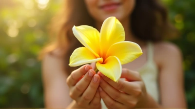 Yellow Flower Clasped by Female Hand in Sunlight
